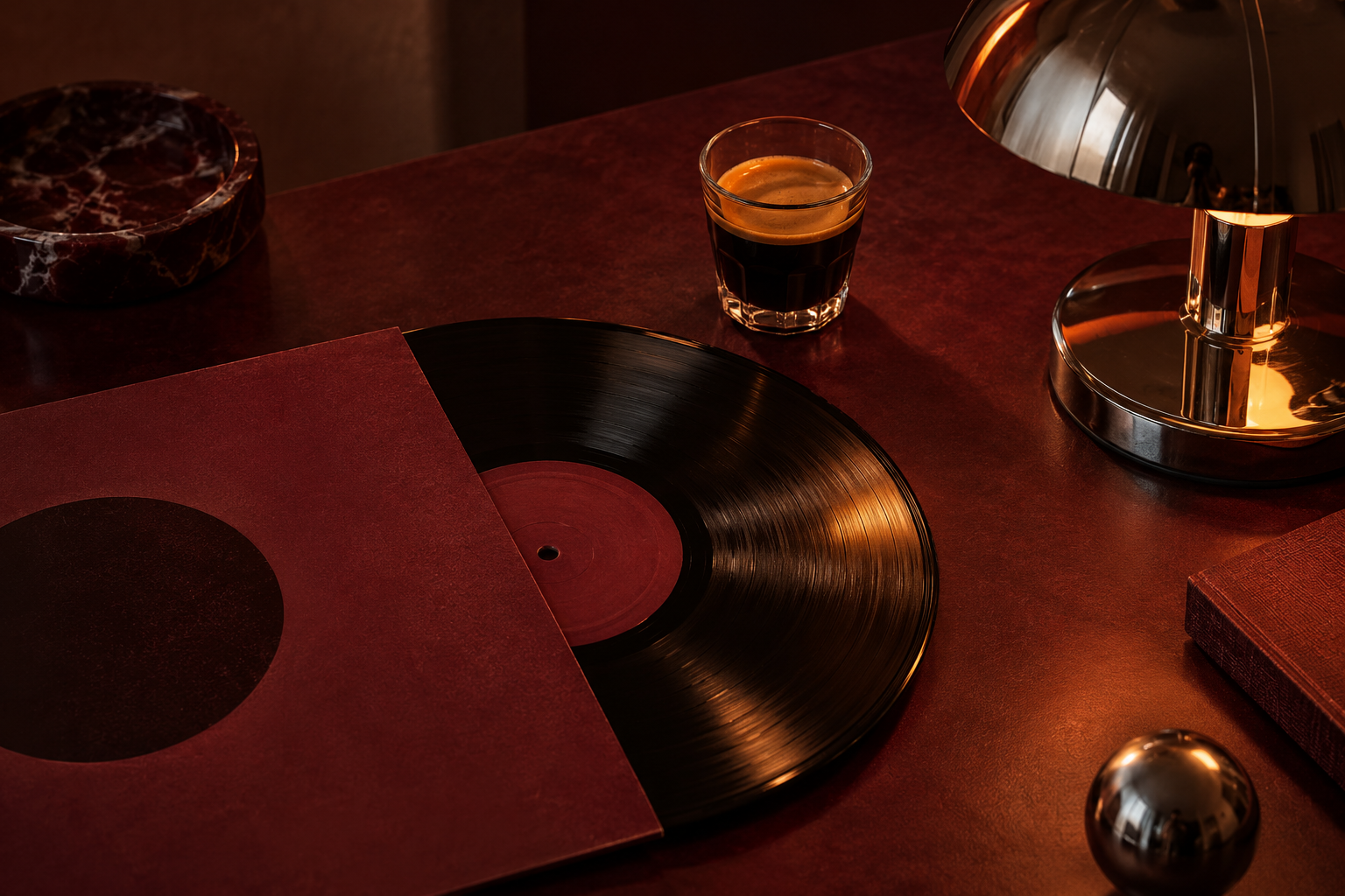 A vinyl record, espresso glass, and chrome lamp on a burgundy café table