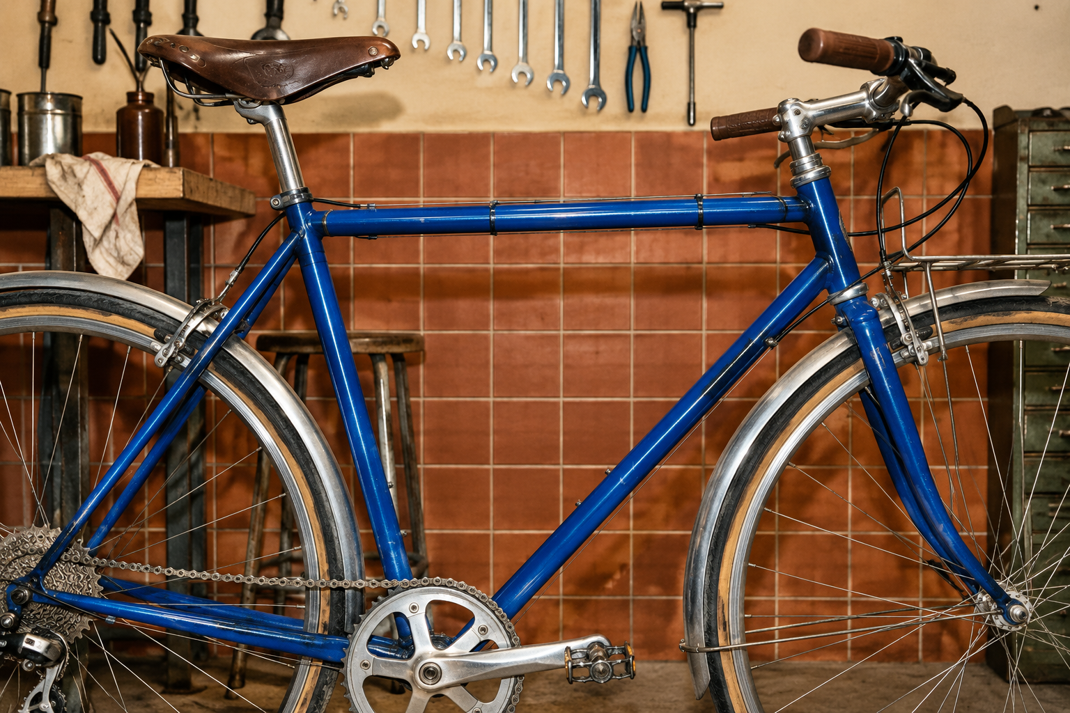 Cobalt blue commuter bicycle against warm terracotta tiles in a fictional repair shop
