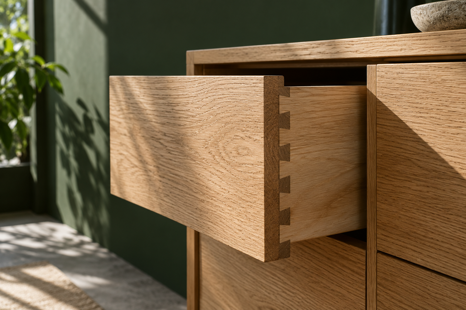 An oak cabinet drawer with dovetail joinery in strong daylight against a forest-green wall